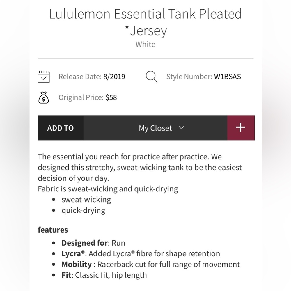 Lululemon NWT Essential Tank Top Pleated in White Size 14 - Picture 6 of 10